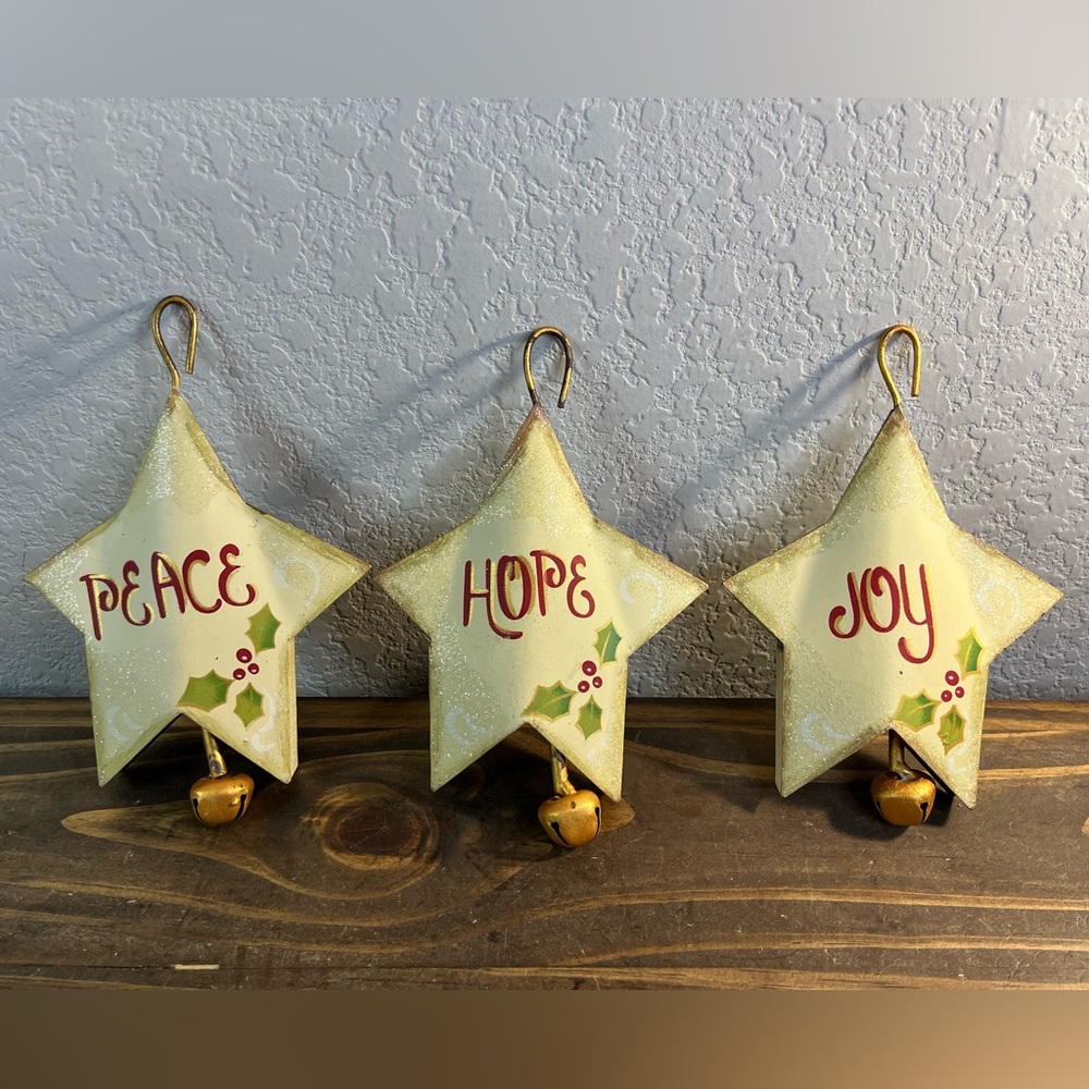 Set of 3 PEACE HOPE JOY Star Christmas Holiday Bell Ornaments Hand Painted Used